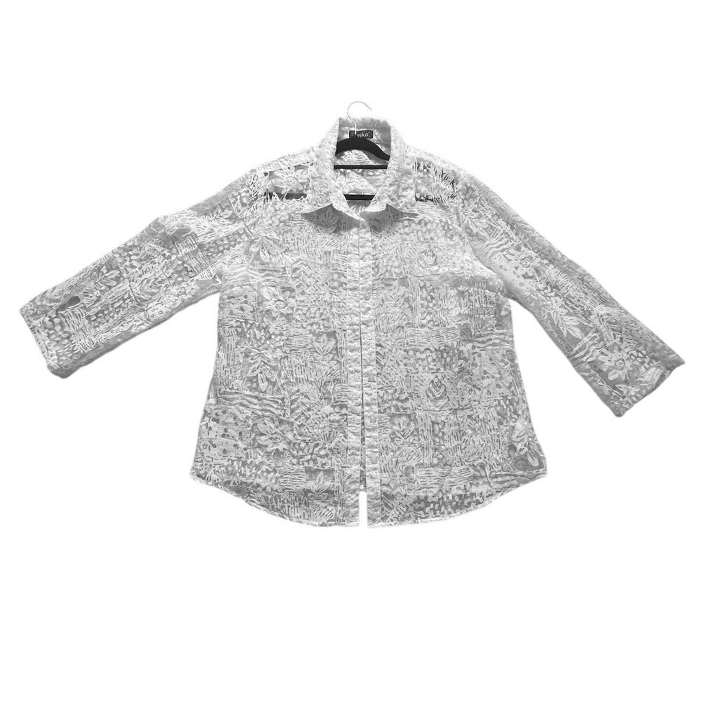 Erika White Floral Sheer Blouse Women XL Button Front Cottagecore Romantic EUC
